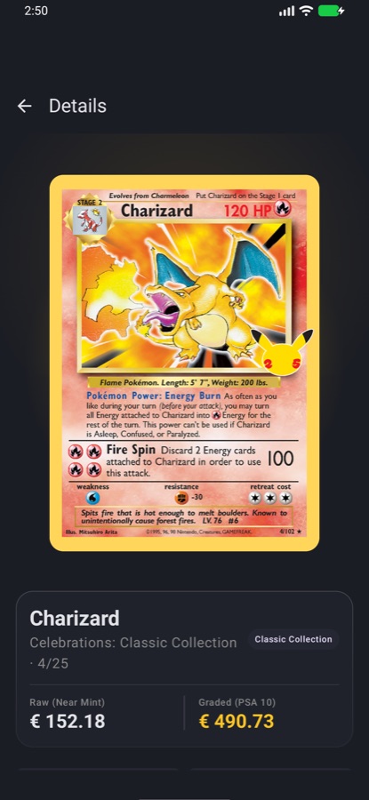Kaartdetail in de TCG House-app met prijzen per druk